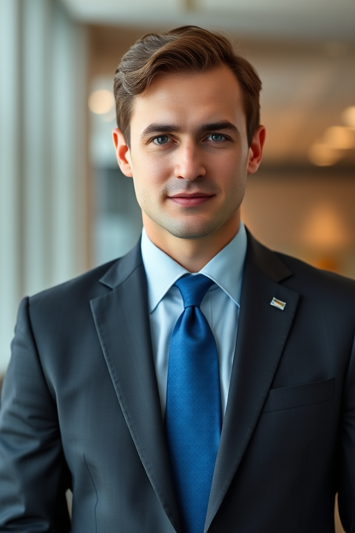 Create an image of a business person in a suit with a blue tie, viewed from the front, soft focus, using a DSLR camera, aperture f/1.8, ISO 100, 50mm lens, bright lighting.