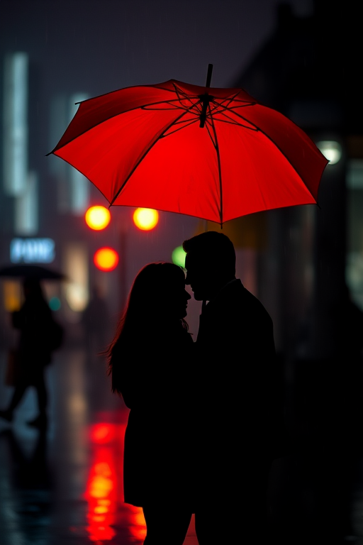 A silhouette of two people under a bright red umbrella in the rain, focus on contrasting colors, shot with a Canon EOS R5, aperture f/2.8, shutter speed 1/125 sec, ISO 100, 35mm lens, from a low angle to emphasize the umbrella, vibrant and dramatic lighting for mood enhancement.