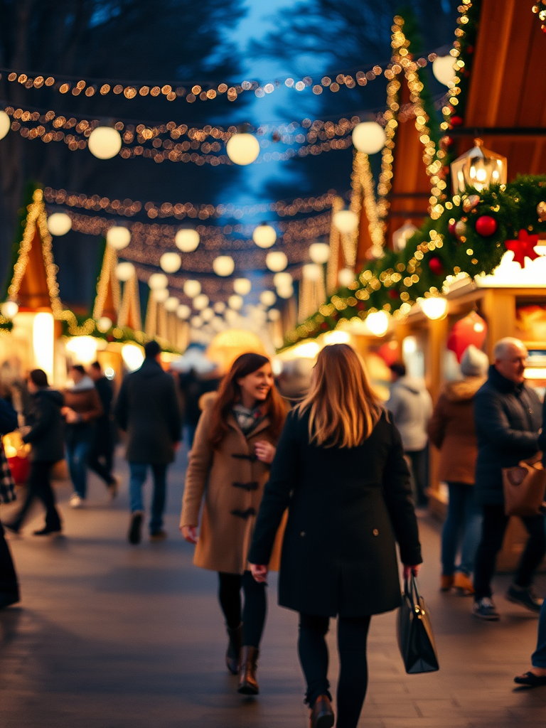 Blurry, candid shot of a couple walking hand-in-hand through a crowded Christmas market, soft glow from string lights illuminating their faces, the smell of roasted chestnuts and mulled wine in the air, and the feeling of holiday joy.