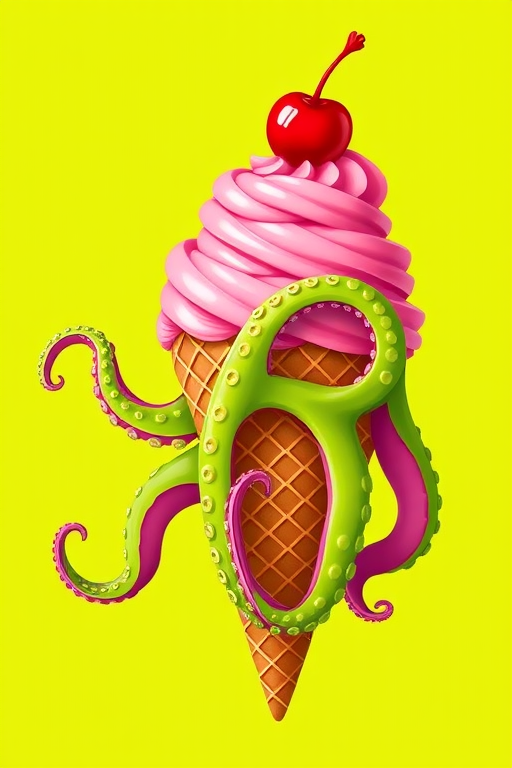 Create a vibrant illustration of an ice cream cone with pink swirl ice cream topped with a cherry, entwined by a bright green octopus tentacle, set against a solid lime green background, captured with a high-quality DSLR camera at f/2.8, 1/200s shutter speed, ISO 100, in macro mode with a shallow depth of field for a crisp focus.