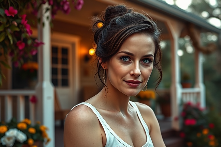 A photo of Amy Adams with a background of a cozy porch. She has dark hair pulled back in an updo, with tendrils framing her face. She wears a white tank top and sits on the porch. The porch is part of a well-lit home with a warm, earthy tone and colorful flowers and foliage. The overall scene has a warm, welcoming, and comfortable ambiance.