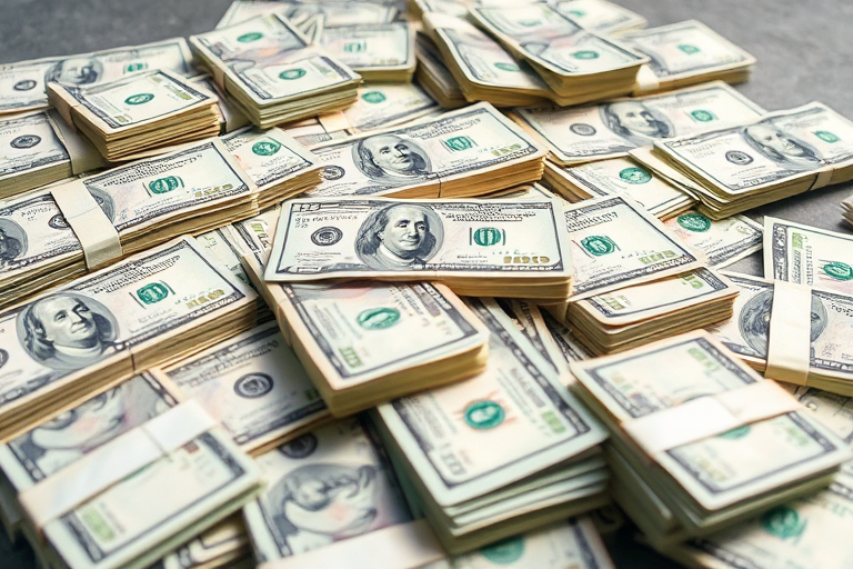 high-resolution image of neatly stacked bundles of US hundred-dollar bills spread out on a flat surface, natural lighting, macro lens, DSLR camera, aperture f/2.8, ISO 100, shutter speed 1/60s, focus on texture and details of the bills