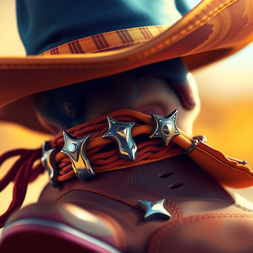 Create a vibrant illustration of a western cowboy hat and boot with spurs, using a high-resolution digital art style, set to 300 DPI, with a close-up view, captured with a Canon EOS 5D Mark IV, f/5.6 aperture, ISO 100, and soft natural lighting to enhance colors and details.
