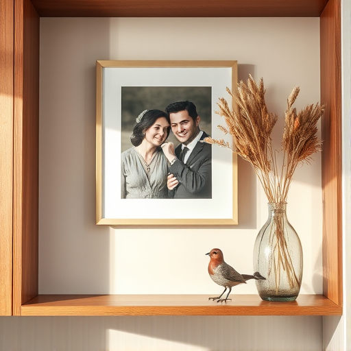 photograph a modern interior shelf displaying a framed portrait of a couple, a vintage vase with dried flowers, and a small decorative bird, using a DSLR camera with a 50mm lens, aperture set to f/1.8 for shallow depth of field, ISO 200 for optimal clarity, and natural light for a soft, warm ambiance, capturing from a slightly angled view to add depth to the composition