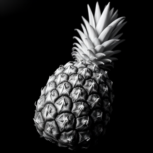 high contrast black and white close-up of a pineapple on a black background, f/2.8, 1/100s, ISO 200, shot with a DSLR camera from a low angle in soft natural light