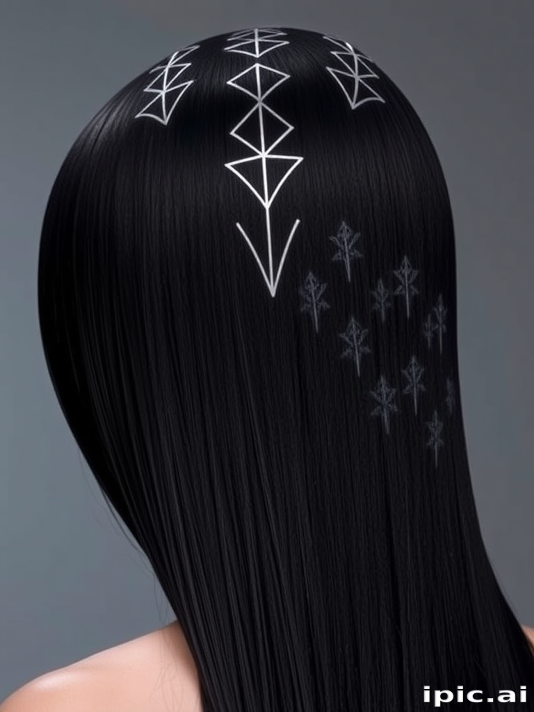 Sleek jet-black hair falls pin-straight to the waist, adorned with intricate silver geometric patterns along the scalp, creating a futuristic and avant-garde aesthetic.
