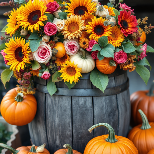 Create a vibrant watercolor painting of a rustic wooden barrel overflowing with autumn foliage, sunflowers, roses, pumpkins, and gourds, captured in a close-up view with a Canon EOS R5, 85mm f/1.2 lens, aperture set at f/2.8 for a softly blurred background, natural soft lighting to enhance colors and details.