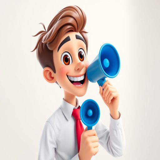 Create a vibrant cartoon character of a young man with brown hair, wearing a white shirt and red tie, holding a blue megaphone and smiling, captured in a bright studio setting with soft lighting, using a DSLR camera at f/2.8 aperture, 50mm lens, and 1/160 seconds shutter speed for enhanced sharpness and detail.