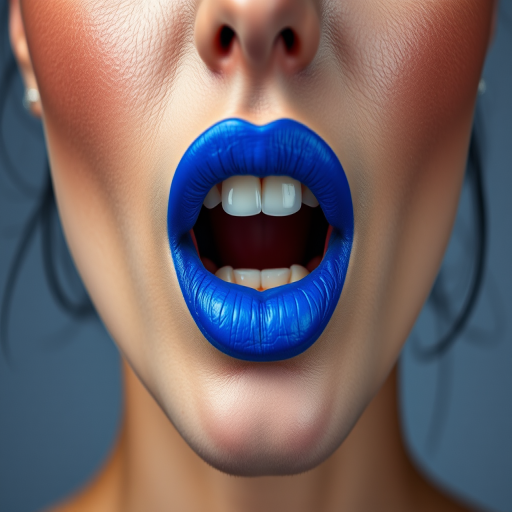Daring woman lips painted in electric blue matte lipstick, full face image portraying avant-garde style and fearless self-expression