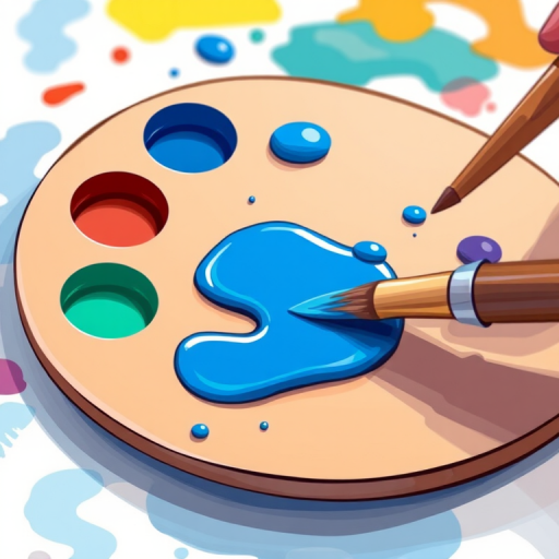 Create a colorful illustration of an artist's palette with paint blobs and a brush applying blue paint, using a DSLR camera with a 50mm lens, aperture f/2.8, ISO 100, and daylight lighting for enhanced clarity and vibrancy.