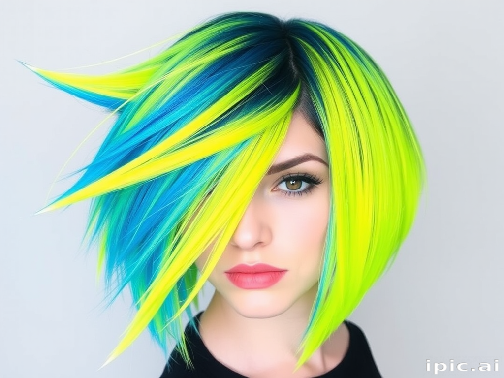Neon yellow asymmetrical bob with electric blue peek-a-boo underlayer, dubbed "Lightning Strike" hair, incorporating razor-sharp edges and a dramatic side sweep