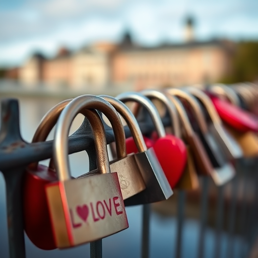 Close-up shot of love padlocks on a metal fence, shallow depth of field, aperture f/2.8, ISO 100, 50mm lens, natural light, DSLR camera, focus on the textures and details of the padlocks with a blurred background.