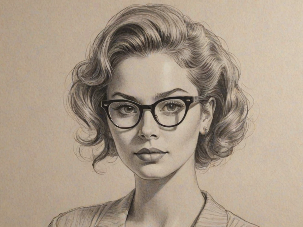 Magnificent H.E.R., pencil sketch, portrait of Captivating woman 1955s in glasses, hair style beatnik, outline, clear lines, fine lines, 8k