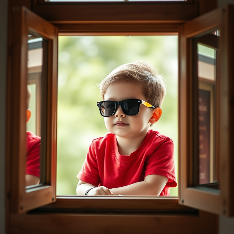 Capture a portrait of a young child sitting in a window frame, wearing stylish sunglasses and a red t-shirt, with natural light, using a Canon EOS 5D Mark IV, 50mm lens, f/1.8 aperture, ISO 100, at a height level view for soft bokeh background.