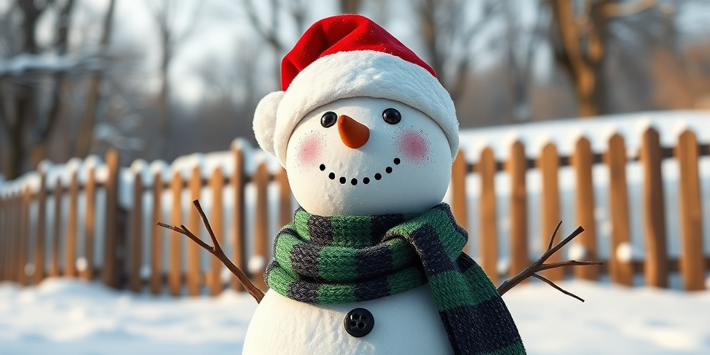 Create a 3D-rendered image of a snowman wearing a red Santa hat and a green and black scarf, standing in a winter landscape with a wooden fence in the background, using a Canon EOS R5 camera, 50mm lens, aperture f/2.8, ISO 100, natural lighting, and a low angle view to emphasize depth and detail.