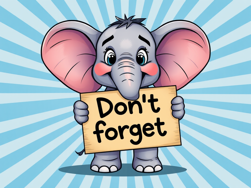 Regenerate an image of a cartoon elephant holding a sign that says "Don't forget" against a radial blue background, using a DSLR camera with a 50mm lens, aperture set to f/2.8, ISO 100, and shoot from a frontal view with vibrant colors and high contrast.