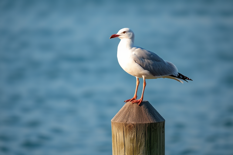 Seagull standing on a wooden post at a calm seaside, soft natural lighting, aperture f/4, shutter speed 1/200s, ISO 100, 50mm lens, taken with a DSLR camera, shallow depth of field for a blurred background.