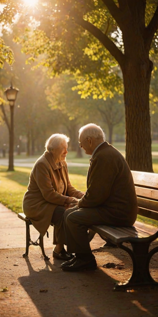 Warm, softly lit photo of an elderly couple holding hands on a park bench at sunrise, soft glow from the morning light casting long shadows on the ground, the smell of fresh dew in the air, distant trees covered in golden light.