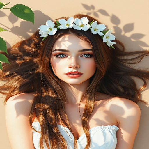 create a watercolor painting of an ethereal portrait of beautiful Georgian woman with a simple white flower crown on her head. Her hair is long and she is lying on the ground. The sunlight on the trees casts shadows from the leaves on her face and body. The background is a neutral brown color that matches her skin tone. The image is minimalist and solid colors. This style is characterized by soft, delicate brushstrokes and a light, airy, contrasting color palette. High level of detail and play of light