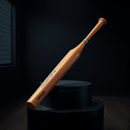 Create a highly detailed 3D render of a wooden baseball bat resting on a black pedestal in a dimly lit environment, using a Canon EOS R5 camera, 50mm lens, aperture f/1.8, ISO 100, shutter speed 1/200s, with soft shadows and a focus on texture and finish.