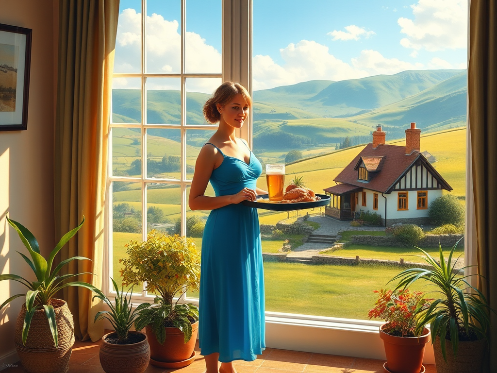 In "A Glass of Beer on the Highland," a serene scene is depicted in a sunlit room where a woman in a vibrant blue dress stands by a large window. She holds a tray with a hearty meal and a frothy glass of beer, embodying a moment of relaxation. Outside, the breathtaking highland landscape features rolling green hills and a charming traditional house, all bathed in warm afternoon light. The interior is adorned with potted plants, creating a harmonious blend of comfort and nature. The painting beautifully captures the tranquility and joy found in simple pleasures amidst stunning scenery