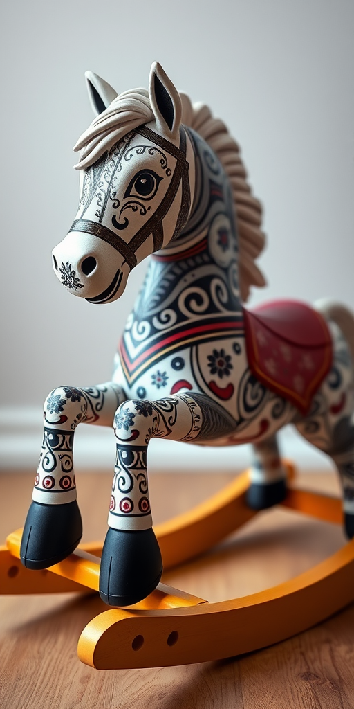 Create a high-resolution vector illustration of a stylized rocking horse with intricate patterns, using a DSLR camera with a 50mm lens, aperture set to f/2.8 for a shallow depth of field, capturing the image from a straight-on angle with soft lighting to enhance colors and textures.