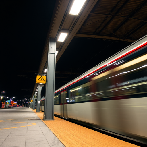 nighttime train station with a moving train, low-angle shot, f/2.8 aperture, ISO 800, shutter speed 1/60s, wide-angle lens, DSLR camera, high dynamic range for enhanced lighting and details