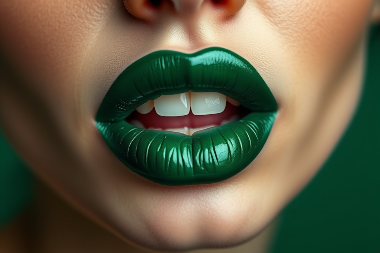 Deep emerald green woman lips with glossy sheen, making a bold statement and showcasing unique color choices