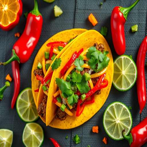 Create a vibrant, detailed illustration of a taco with fiery peppers and lime slices around it, using a Canon EOS R5, 24mm lens, f/4 aperture, ISO 100, shot from a top-down view with bright colors and high contrast to enhance the visual appeal.