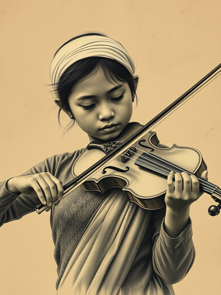 a young Burmese woman with a white headband playing a violin, in the style of a charcoal drawing, sepia grunge background