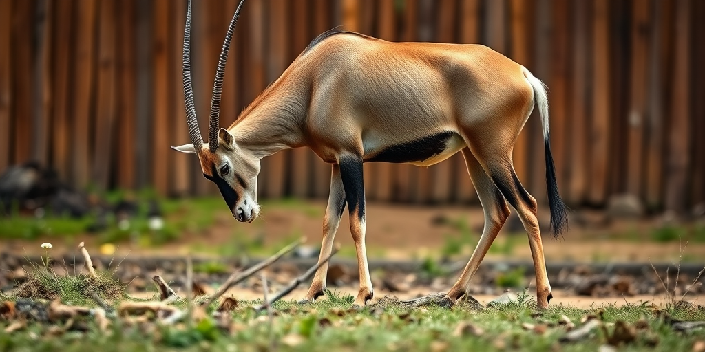 Regenerate an image of an oryx grazing in a natural setting with a blurred wooden background, using a DSLR camera with a 50mm lens, aperture f/2.8, ISO 200, shutter speed 1/500s, side view for enhanced detail and depth of field.