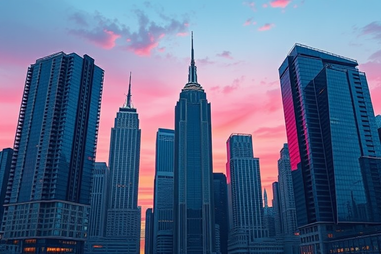 Create a detailed illustration of towering skyscrapers against a twilight sky with gradient transitions from deep blue to pink, showcasing architectural diversity and modern designs, using a 50mm lens, aperture f/8, ISO 200, in a wide-angle perspective with vibrant colors and sharp lines, resembling a digital art style.