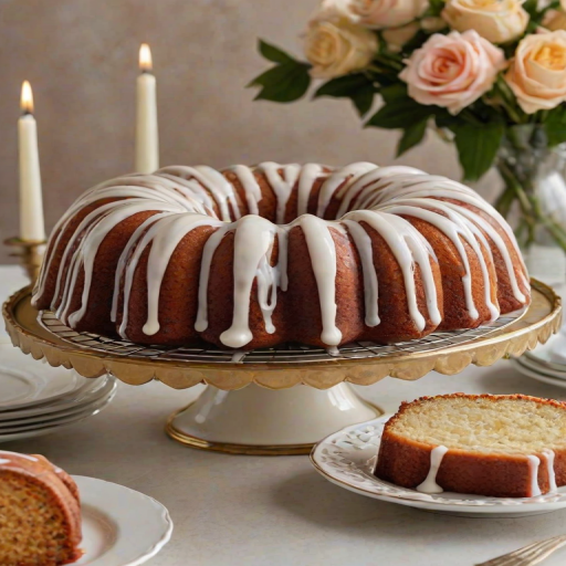 Create an image of a beautifully glazed bundt cake on a decorative cake stand. The cake should have a moist, golden-brown exterior with a shiny white icing drizzled over the top, creating an elegant appearance. The background should be simple and soft to highlight the cake.
