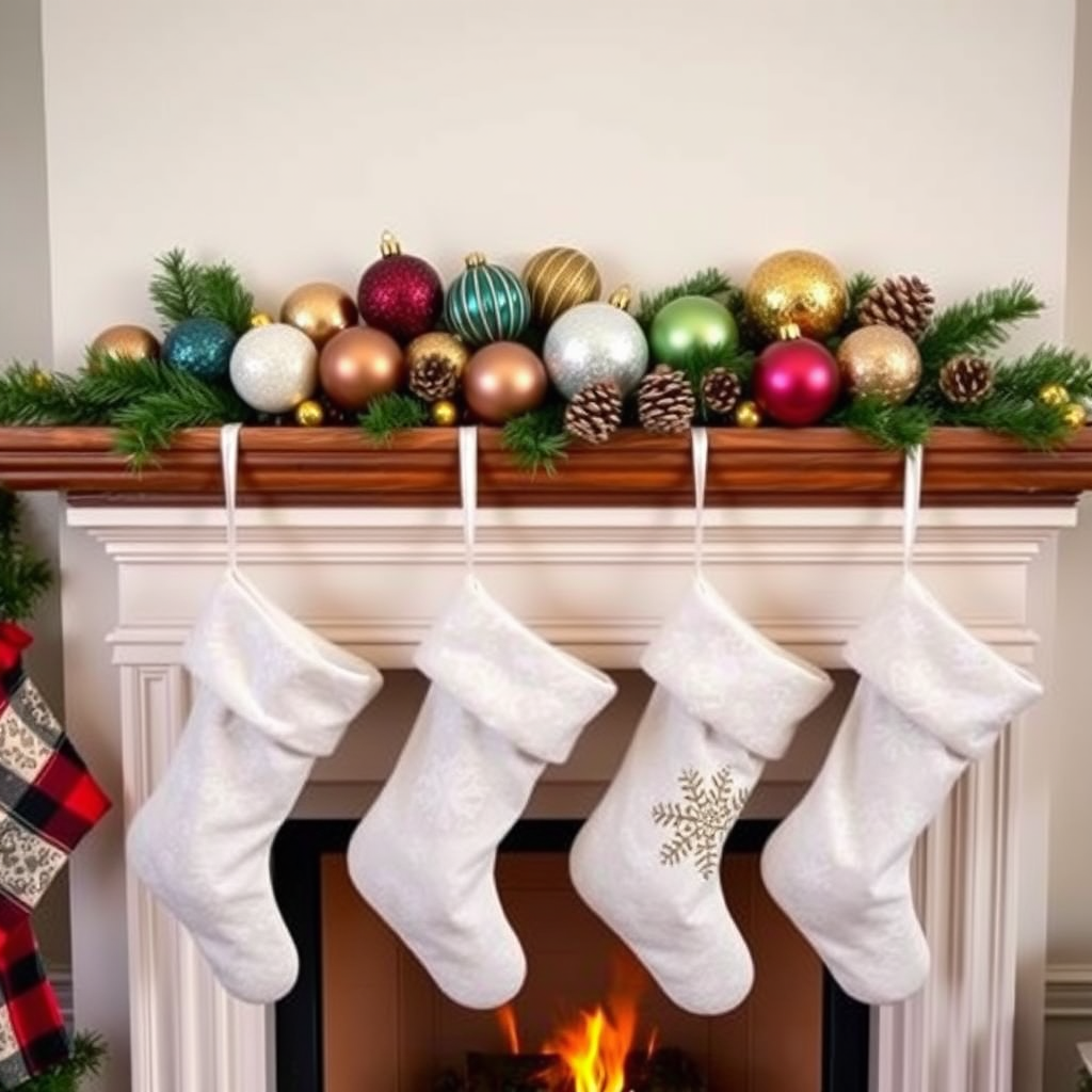 Generate a cozy holiday scene featuring a fireplace adorned with festive stockings. The stockings should be white with decorative patterns like snowflakes. Above the stockings, display a collection of beautifully designed Christmas ornaments in various colors and textures, including some with gold accents. Add some greenery and pinecones to enhance the festive atmosphere.