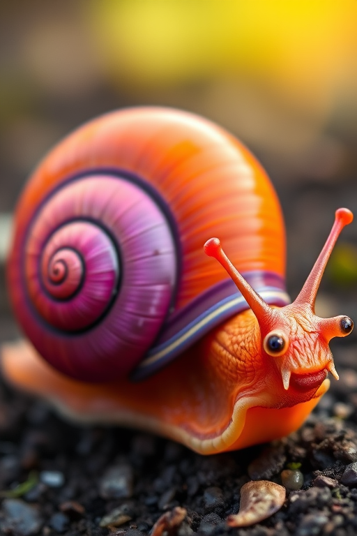 Create a vibrant cartoon-style image of a snail with a bright orange body and a large purple spiral shell, focusing on a close-up view with a 50mm lens, f/2.8 aperture, natural light, and a shallow depth of field for enhanced clarity and color saturation.