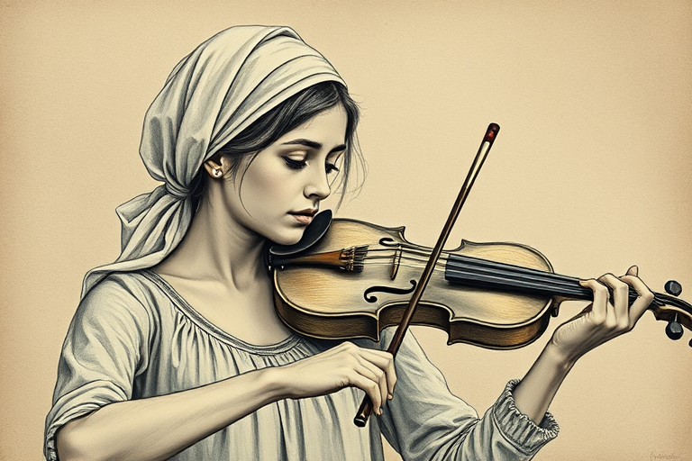 a young Ashkenazi woman with a white headband playing a violin, in the style of a charcoal drawing, sepia grunge background