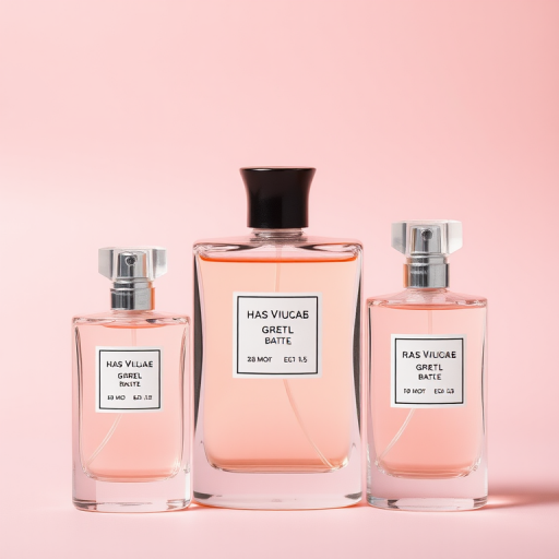 Create a high-resolution image of three elegantly designed perfume bottles in varying sizes, with a soft pastel pink background, using a Canon EOS R5, 85mm lens, f/1.8 aperture, ISO 100, and a softbox for lighting to enhance the elegance and clarity of the bottles.