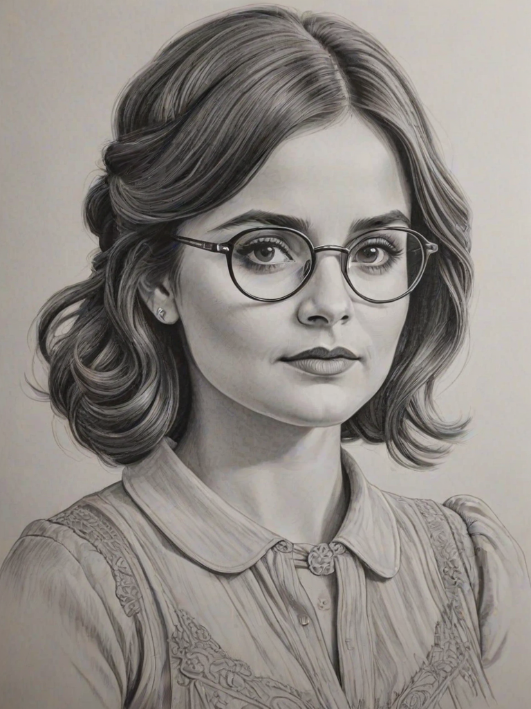 Dazzling Jenna-Louise Coleman, pencil sketch, portrait of Bewitching woman 1920s in glasses, hair style beatnik, outline, clear lines, fine lines, 8k