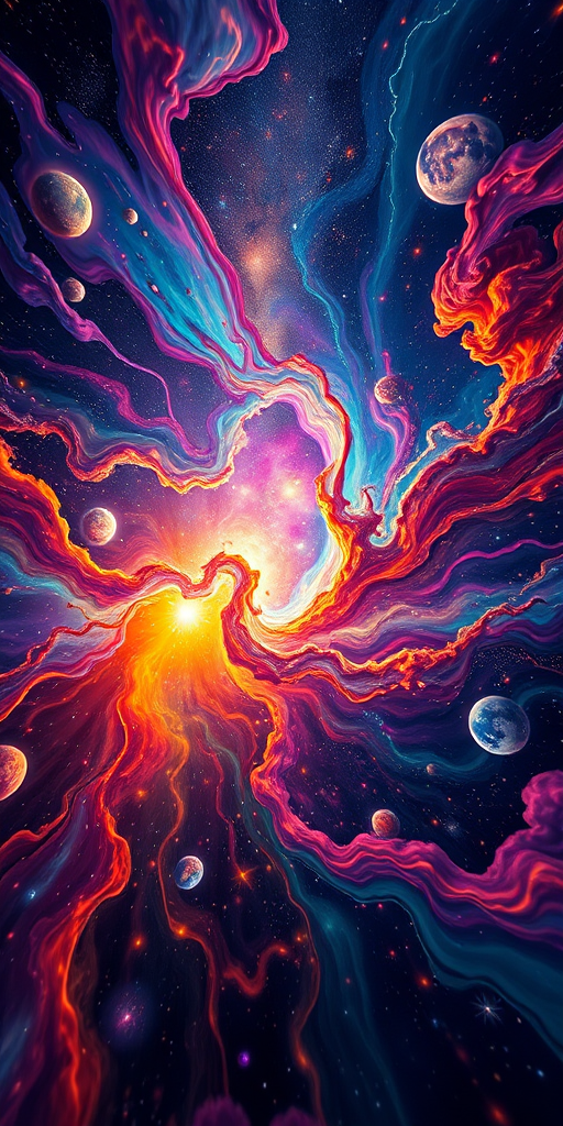 Generate an abstract cosmic scene with vibrant colors, swirling patterns, and celestial elements, shot with a DSLR camera at f/2.8, ISO 100, 30 seconds exposure, captured from a wide-angle perspective, using a high dynamic range style to enhance light and detail.