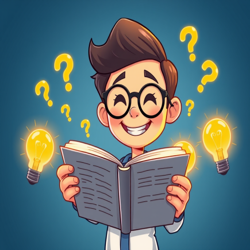 Create an illustration of a cheerful cartoon character with short, styled hair and glasses, holding an open book, surrounded by glowing light bulbs and question marks, shot in high resolution using a Canon EOS 5D Mark IV with a 50mm lens at f/1.8, natural lighting for vibrant colors and clarity.