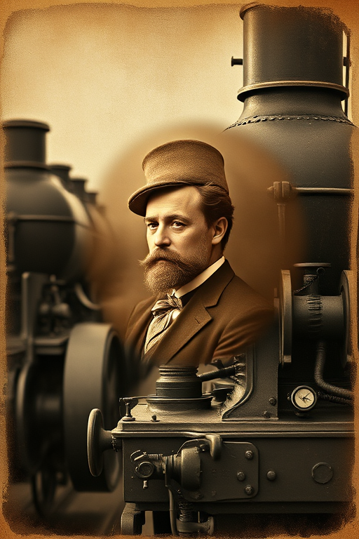 Create a vintage-style image of early steam engines with an overlay of a historical portrait in sepia tones, using a Canon EOS R5 at f/8, ISO 100, 24mm lens, slight vignette effect for depth, focus on intricate details of machinery and textures.