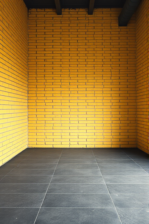 Create a high-resolution image of a bare room with textured yellow brick walls and a dark tiled floor, 50mm lens at f/8 aperture, ISO 200, natural lighting from a single source, 3-point perspective view, wide-angle shot captured with a DSLR camera.