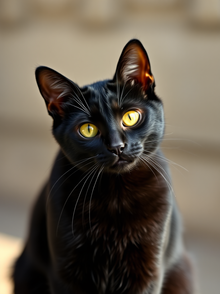 Generate a high-resolution image of a black cat with striking yellow eyes, sitting and tilting its head slightly, captured in soft natural lighting, using a Canon EOS R5 with a 50mm f/1.8 lens, aperture set to f/2.8, ISO 100, in portrait orientation.