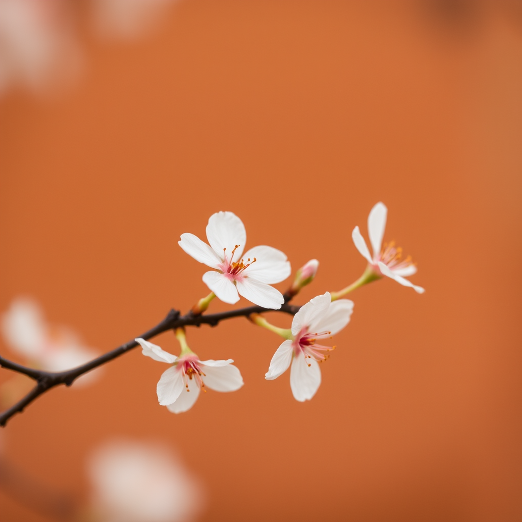 Create a soft-focus watercolor painting of delicate white cherry blossoms against a warm brown background, captured with a Canon EOS R5 at f/2.8, ISO 100, 50mm lens, using a shallow depth of field to enhance the bloom's texture and colors.