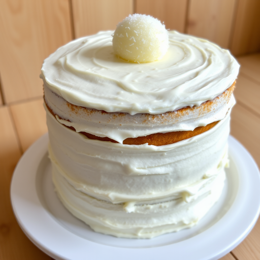 A beautifully layered white cake with creamy frosting topped with a coconut ball, served on a white plate with a wooden background, showcasing the cake's texture and details.