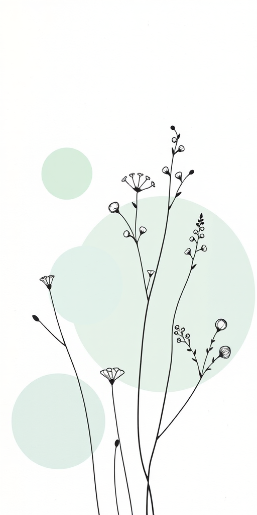 regenerate a minimalist floral illustration with delicate black line drawings of plants on a soft textured background, enhance with pastel circular shapes in mint green and light blue, use a high-quality digital camera, aperture f/5.6, ISO 200, 50mm lens, soft natural lighting for a clean and elegant look