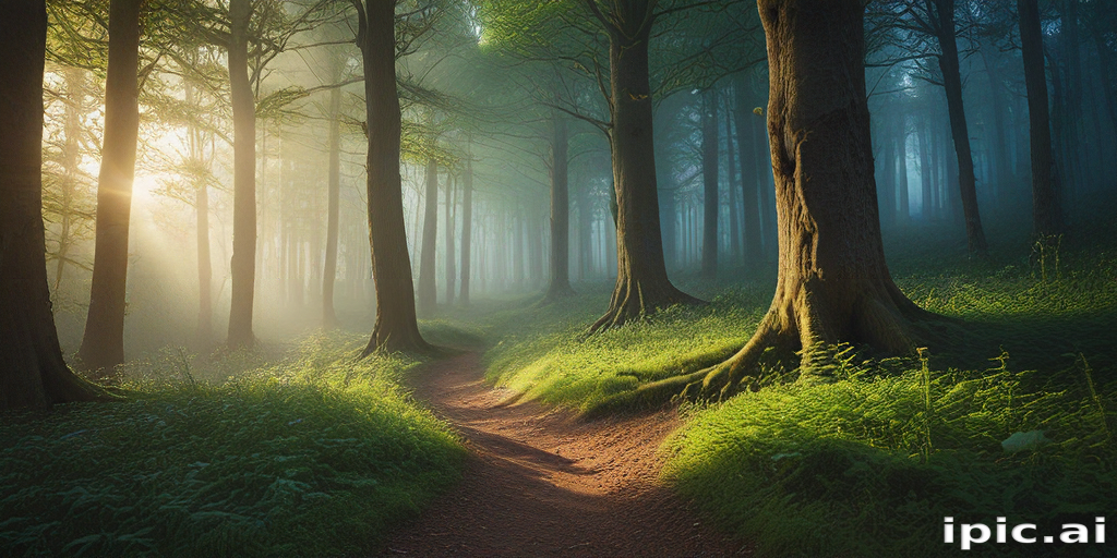 Serene Forest Pathway Illuminated by Gentle Sunlight Through Tall Trees