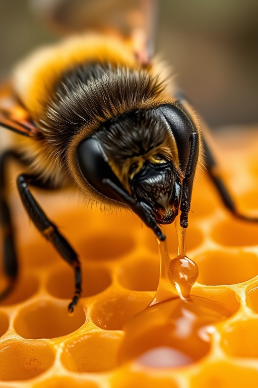 Regenerate a high-resolution image of a hyper-realistic bee on a honeycomb with dripping honey, using a macro lens at f/2.8 aperture, 1/250 shutter speed, ISO 100, in soft natural lighting, with a slight bokeh effect in the background.
