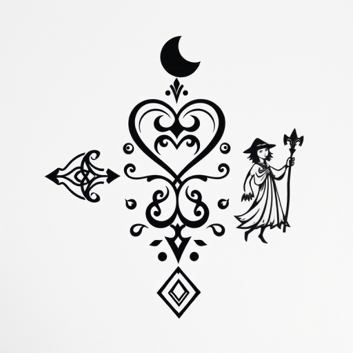 Create an intricate black and white design featuring four stylized designs: a crescent arch at the top, a heart-shaped emblem with intertwined elements at the center, a whimsical figure holding a staff on the right, and a diamond-shaped pattern at the bottom left, shot with a DSLR camera, ISO 100, aperture f/8, 50mm lens, with natural lighting to enhance fine details and contrast.