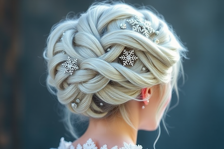 Frosty Winter Princess Chignon displaying icy platinum blonde hair with subtle blue undertones styled into an elegant twisted updo adorned with sparkling crystal snowflake accessories
